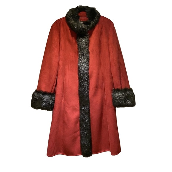 NWOT NOVELTI Penny Lane Afghan Faux Fur Suede Trim Red Black Hippie Coat L - Picture 1 of 12